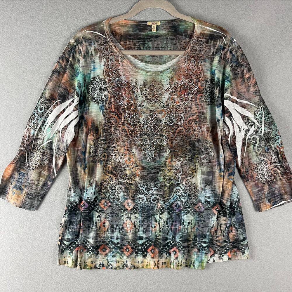 Reba Top Women 2X Burnout Stretch Southwestern Rhinestone Aztec Artsy USA Made